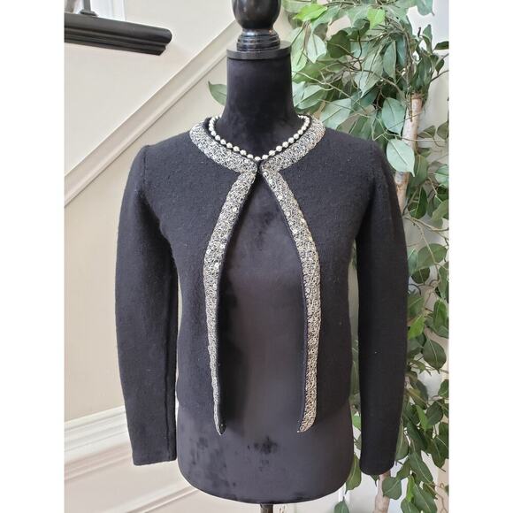 Zara Cardigan Women's Small Black Sequin Embroidered Trim 100% Wool Open Front - Picture 1 of 10